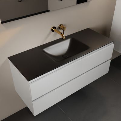 MONDIAZ AIVY 120cm badmeubel Talc, wastafel Urban solid surface midden zonder kraangat met spiegel (AI-351621URBAN-NO - AI-M120TAMI - AI-S120X70)
