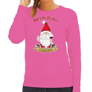 Foute Kersttrui/sweater voor dames - Wijn kabouter/gnoom - roze - Doordrinken