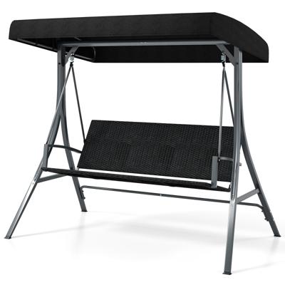 Hollywoodschaukel 3-zits Tuinschommel met Zonnescherm & Rieten Rugleuning & Metalen Frame Buiten Schommelbank tot 450 kg Belastbaar