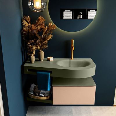 MONDIAZ RIVA 100cm badmeubel onderkast / planchet kleur Rosee met 1 lade. Wastafel DULCET rechts 1 kraangat kleur Army. MONDIAZ RIVA 100cm badmeubel onderkast / planchet kleur Rosee met 1 lade. Wastafel DULCET rechts 1 kraangat kleur Army.