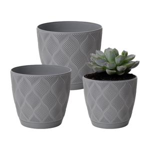 Form Plastic Plantenpot set New Age - 3x stuks - kunststof - platina grijs - met schotel