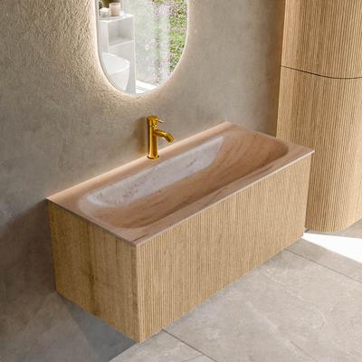Badmeubel Mondiaz Kurve-Dlux | 100 cm | Meubelkleur Oak | Wastafelkleur Saba | Solid surface | Wasbak midden spoelbak | 1 kraangat