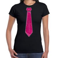 Verkleed t-shirt voor dames - stropdas glitter roze - zwart - carnaval - foute party - thumbnail