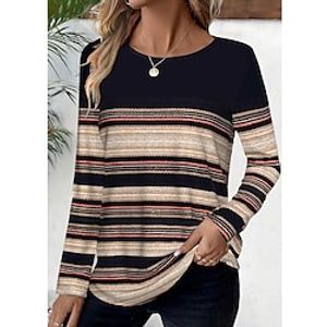 Dames T-shirt Gestreept Zwart Afdrukken Lange mouw Dagelijks Weekend Modieus Ronde hals Normale pasvorm Lente Herfst Lightinthebox