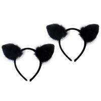 2x stuks diadeem met katten oortjes - zwart- meisjes/dames - carnaval verkleed oren