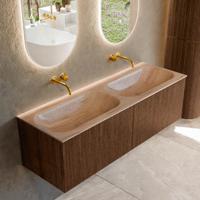 Badmeubel Mondiaz Kurve-Dlux | 140 cm | Meubelkleur Walnut | Wastafelkleur Saba | Solid surface | Wasbak beide zijden spoelbak | Zonder kraangat(en)