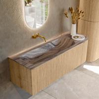 Badmeubel Mondiaz Kurve-Dlux | 135 cm | Meubelkleur Oak | Wastafelkleur Sombra | Solid surface | Wasbak linker zijde spoelbak | Zonder kraangat(en)