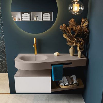 MONDIAZ RIVA 120cm badmeubel onderkast / planchet kleur Talc met 1 lade. Wastafel DULCET links 1 kraangat kleur Smoke. MONDIAZ RIVA 120cm badmeubel onderkast / planchet kleur Talc met 1 lade. Wastafel DULCET links 1 kraangat kleur Smoke.