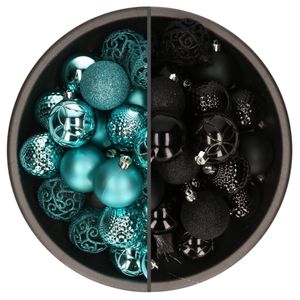 74x stuks kunststof kerstballen mix zwart en turquoise blauw 6 cm