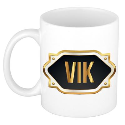 Naam cadeau mok - heren - Vik - gouden embleem - 300 ml - meester - bedankje Naam cadeau mok - heren - Vik - gouden embleem - 300 ml - meester - bedankje