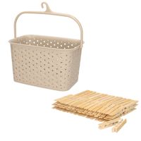 Wasknijpers ophangmandje met haak - beige - en 60x houten wasknijpers van 7 cm