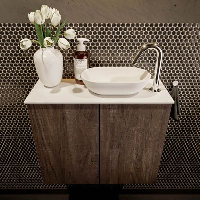 Mondiaz Fowy toiletmeubel 60cm dark brown met blad en waskom talc rechts 1 kraangat