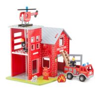 New Classic Toys brandweerkazerne junior 41 cm hout rood 7 delig - thumbnail
