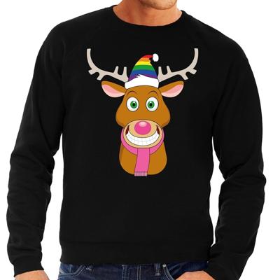 Foute kersttrui - Gay Rudolf het rendier - zwart - voor heren - met regenboog kerstmuts