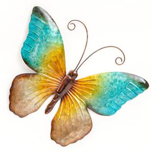 Wanddecoratie vlinder - blauw - 44 x 32 cm - metaal - muurdecoratie/schutting
