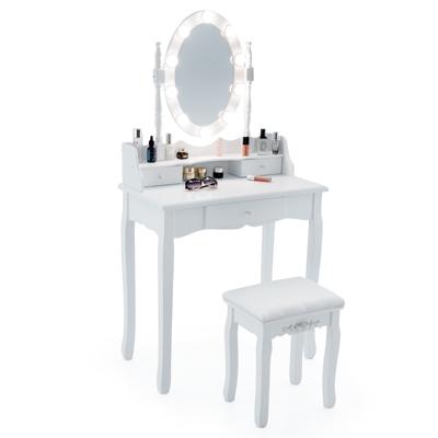 Make-Uptafel met Ledverlichting Instelbare Helderheid Kaptafel met 3 Laden Kruk en 360° Draaibare Spiegel Make-Uptafel voor Slaapkamer (Wit)