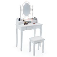 Make-Uptafel met Ledverlichting Instelbare Helderheid Kaptafel met 3 Laden Kruk en 360° Draaibare Spiegel Make-Uptafel voor Slaapkamer (Wit)