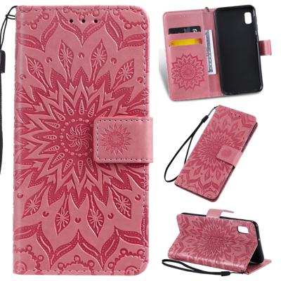 Gedrukt afdrukken zonnebloem patroon horizontale Flip PU lederen case voor Galaxy A10e met houder & kaartsleuven & portemonnee & Lanyard (roze)