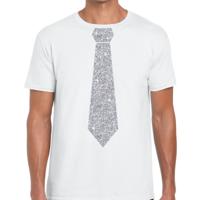 Carnaval verkleed t-shirt - met zilveren glitter stropdas - wit - voor heren - disco - glamour