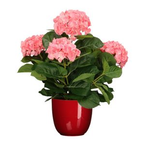 Hortensia kunstplant/kunstbloemen 45 cm - roze - in pot rood glans