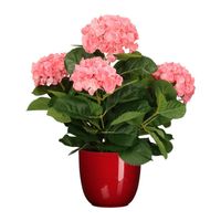 Hortensia kunstplant/kunstbloemen 45 cm - roze - in pot rood glans - thumbnail