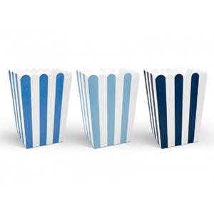 Gestreepte popcorn bakjes blauw - 30x stuks - 7,5 x 7,5 x 12,5 cm - Snoep bakjes