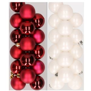 32x stuks kunststof kerstballen mix van donkerrood en wit 4 cm