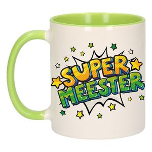 Super meester cadeau mok / beker wit en groen sterren 300 ml     -