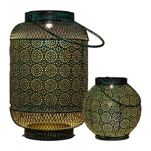 Solar lantaarn set - 2-delig - antiek - turquoise - metaal - 16 x 26 / 14 x 16 cm