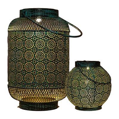 Solar lantaarn set - 2-delig - antiek - turquoise - metaal - 16 x 26 / 14 x 16 cm