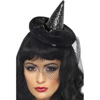 Halloween heksenhoed - op diadeem/haarband - zwart - glitter - one size - meisjes/dames