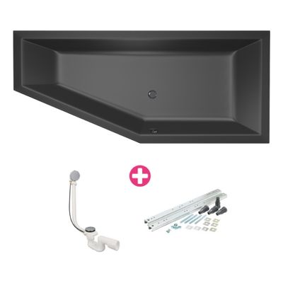 Ligbad Xenz Society compact | Rechts | 160x90 cm | Incl.Badafvoer | Met overloop | Acryl | Zwart mat
