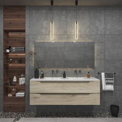 Badkamermeubelset Gliss Design Hera Mat Zwart 160cm 4 Laden Licht Grijs Eiken (Keuze Wastafel)