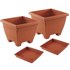 2x stuks vierkante plantenbakken terra cotta met opvangschaal 30 x 30 x 23 cm - Plantenbakken