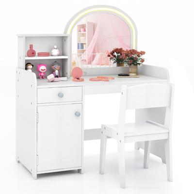 2-In-1 Make-Uptafel voor Kinderen Kaptafel met Kruk Led-Lechten/Spiegel/Kast/Lade Cosmeticatafel Make-Uptafel voor Kinderen 3+ Wit