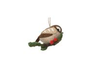 Kersthanger vogel wol 13 cm bruin