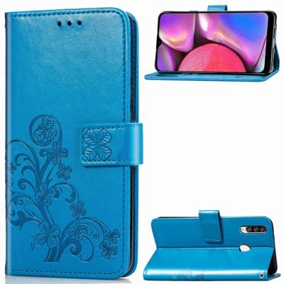 Voor Galaxy A20S vier-blad clasp reliëf gesp mobiele telefoon bescherming lederen draagtas met Lanyard & kaartsleuf & portemonnee & beugel functie (b