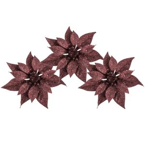 3x stuks decoratie bloemen kerstster donkerrood glitter op clip 18 cm