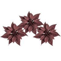 3x stuks decoratie bloemen kerstster donkerrood glitter op clip 18 cm