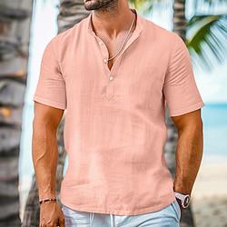 Voor heren Overhemd linnen overhemd Popover-shirt Zomer overhemd Strand Kleding Overhemd met bandkraag Zwart Wit Blozend Roze Groen Korte mouw Effen Henley Zomer Casual Dagelijks Kleding Lightinthebox