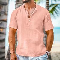 Voor heren Overhemd linnen overhemd Popover-shirt Zomer overhemd Strand Kleding Overhemd met bandkraag Zwart Wit Blozend Roze Groen Korte mouw Effen Henley Zomer Casual Dagelijks Kleding Lightinthebox - thumbnail