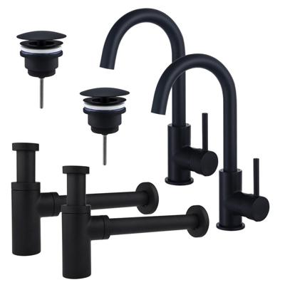 Fortifura Calvi Wastafelkraanset - voor dubbele wastafel - hoge wastafelkraan - draaibare uitloop - always open plug - design sifon - Mat zwart 2x SW809347/2x SW696205/2x SW696210