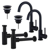 Fortifura Calvi Wastafelkraanset - voor dubbele wastafel - hoge wastafelkraan - draaibare uitloop - always open plug - design sifon - Mat zwart 2x SW809347/2x SW696205/2x SW696210