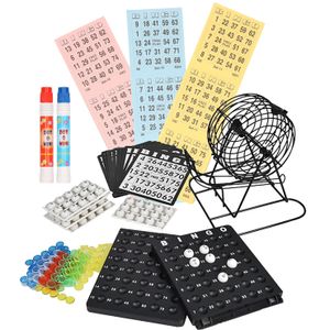 Bingo spel zwart/wit complete set 19 cm nummers 1-75 met molen/168x bingokaarten/2x stiften   -