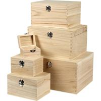 Creativ Company Set houten dozen, h: 5+7+9+11+13+15 cm, l: 8+11,8+15,8+20+24+27,7 cm, b: 5,8+8,8+12+15+18+21 cm, 6 stuk/ 1 set