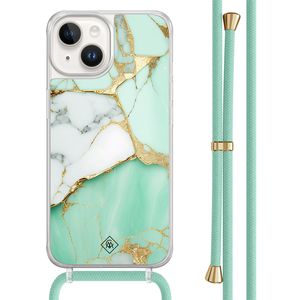 iPhone 14 hoesje met mint koord - Marmer mintgroen