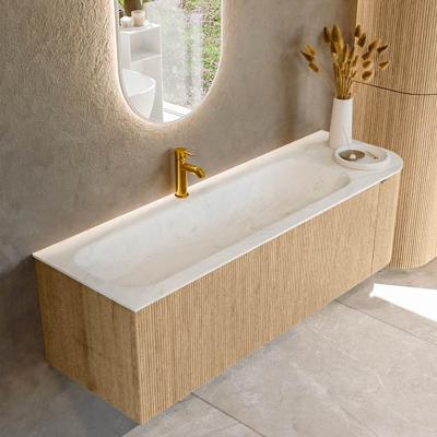 Badmeubel Mondiaz Kurve-Dlux | 145 cm | Meubelkleur Oak | Wastafelkleur Opalo | Solid surface | Links spoelbak | 1 kraangat
