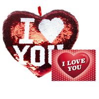 I Love You Set - Pailletten hartjes kussen met ansichtkaart - Metallic/Rood - 35cm - Sierkussens