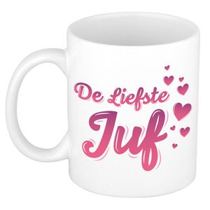 De liefste juf cadeau mok / beker wit en roze - verjaardag / bedankt kado juf - feest mokken