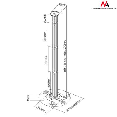 Zilveren plafondbevestiging voor projectoren van 80 mm tot 980 mm